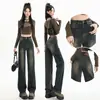 Pantalones de Pana Forrados de Polar Gris Cemento para Mujer Invierno 2024 Nuevos High Street Pierna Recta Ancha Nueve Puntos Piso