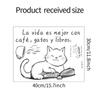 Fun-A014 Dibujos Animados Gatito Ocioso Leyendo Fondo de Café Embellecimiento Adhesivo de Pared Decorativo Venta al por Mayor