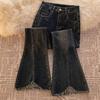 Jeans de Talla Grande para Mujer con Dobladillo Deshilachado, Cintura Alta, Abertura, Diseño Acampanado, Gris Cemento, Elásticos, Corte Ajustado, para Figuras Curvilíneas