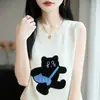 Colete Tricotado Redondo Sem Manga Confortável Redutor de Idade para Mulheres Gatinho Cartoon Moda Super Bonito Camisola Colete em Camadas