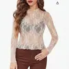 Moda Femenina Europea y Americana 2026 Nuevo Sexy Suéter Encaje Manga Larga Transparente Malla Transparente Top de Encaje