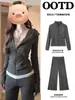 Jaqueta curta cinza listrada slim fit para mulheres, roupa esportiva para yoga, moletom de ombro normal para outono e inverno, conjunto de roupa estilo coreano