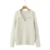 9802-25 Novo Estilo Outono Francês Simples Estilo Preguiçoso Suéter de Tricô Casual Solto de Manga Longa com Decote V