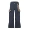 Calças de trabalho xadrez com bolso aplicado e corte flare para homens, estilo americano moderno, color-blocking, caimento solto, calças largas de alta resistência