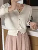 Nuevo cárdigan de punto corto liso para primavera y otoño para mujer, top negro de manga larga con cuello en V para usar como prenda exterior