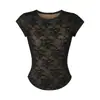 Camiseta de Encaje con Cuello Redondo de Manga Corta Estilo Puro Deseo Verano Nueva Elegante Versátil Ajuste Ceñido Dobladillo Corto Curvo Camiseta Base