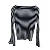 Suéter de punto a rayas de moda estilo coreano con hombros descubiertos y mangas acampanadas, suéter ajustado para mujer, nuevo de otoño/invierno H091715