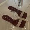 Zapatillas de Verano 2025 de Talla Grande Transfronteriza de Tacón Grueso de una Línea y Punta Abierta para Mujer, Sandalias de Diamantes de Imitación de Punta Cuadrada y Tacones Altos