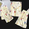 Conjunto de Pijama de Tres Piezas Simple Casual de Nube Verano Nuevo Manga Corta Shorts Pantalones Largos Ropa de Casa Delgada Verano Lindo