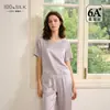 Pijama Pesado de Seda Novo para Verão 2026 para Mulheres 100% Seda de Amora Gola Redonda Manga Curta Calça Longa Conjunto para Casa