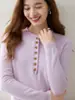 Otoño Nuevo Estilo Simple Cuello Redondo Botón Suéter de Cachemir Manga Larga Suave Pegajoso Ajustado Tejido Suéter Top Holgado