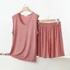 Conjunto de dos piezas para mujer de modal con cuello en V, top sin mangas y shorts, fino de verano, talla grande, nuevo, holgado, conjunto para casa