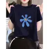 Camiseta Elegante de Algodón Puro para Mujer, Cuello Redondo, Hombro Normal, Manga Corta, Tendencia de Moda Verano 2026, Top Azul Oscuro