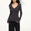 Suéter de tricô de lã anna aneae para mulheres, primavera e outono, cinza gola V slim fit manga longa