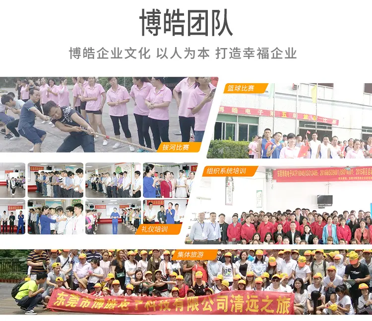 东莞市博皓电子科技有限公司团队风采展示，企业以人为本，通过篮球比赛、拔河比赛、礼仪培训与集体旅游等活动打造幸福企业文化，彰显硅胶按键厂家团队凝聚力与IATF16949认证企业实力
