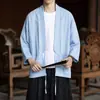 Melhorou a veste de chá Hanfu em azul denim, estilo chinês, mangas de três quartos, corte solto, tamanho grande, cardigã fino estilo capa para homens, adequado para o verão