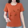 Camiseta feminina de manga curta com estampa de coração para comércio exterior transfronteiriço, top soltinho de gola redonda para mães, versátil, modelador e que rejuvenesce