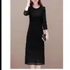 Q233 Vestido de Encaje de Color Sólido, Cuello Redondo, Elegante, Adelgazante, Versátil