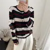 Cardigan Listrado Color Block Retrô em Tricô Vazado para Mulheres, Caimento Solto, Outono Estilo Coreano Emagrecedor Casaco Suéter de Lã Ursinho Mel