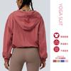 Nuevo jersey de fitness cortavientos con cremallera de cuello alto medio transfronterizo para mujer, holgado con capucha y cordón, para yoga, manga larga