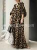 2025 Primavera e Outono Novo Nicho Personalizado Estampa de Leopardo Manga Bolha Decote V Solto Vestido Longo Vestido Moda Elegante Feminina