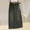 Saia Midi Jeans Feminina, Cintura Alta, Novo Estilo Vintage Primavera e Outono 2025, Caimento Solto, Emagrecedora, Saia Lápis Evasê com Fenda