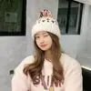 Gorro de punto cálido para mujer para otoño e invierno, estilo coreano, versátil, con patrón Fair Isle y pompón, y forro polar