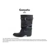 Botas altas de cuero para mujer 2026, nuevas, de punta, con remaches, botas de tacón apilado plisadas, botas de montar con hebilla de cinturón, botas tipo pantalón de pierna ancha