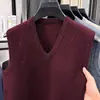 Suéter de Tricô Casual Masculino Outono e Inverno Gola V Simples Moda Cor Sólida Pulôver Colete Sem Manga