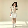 Conjunto Casual de Verano Lindo y Dulce para Niñas Mayores, en Capas, Sencillo y a la Moda, con Lazo y Encaje, Conjunto de Camisa de Manga Corta