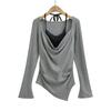 Camiseta de manga larga con cuello halter y costuras de encaje sexy para chica sexy estilo Pure Wish, top adelgazante plisado con cintura y cuello oscilante de primavera para mujer