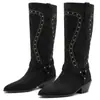 Botas de moda de comercio exterior transfronterizo, botas altas de punta de talla grande para otoño e invierno, tacones altos de color liso, botas versátiles para mujer sin cordones de tacón cuadrado