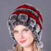 Cálido Gorro Grueso con Protección para las Orejas de Piel de Conejo Rex Tres Pompones Otoño e Invierno Gorro Redondo Tejido Sombrero de Lana para Mujer