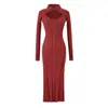 Vestido de Punto Rojo Elegante Ajustado para Mujer, Nuevo Estilo Otoño e Invierno, Vestido Largo con Huecos que Ceñe la Cintura, Vestido Bodycon Adelgazante