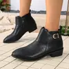 Novas Botas Curtas de Tornozelo com Fivela de Salto Baixo para Comércio Exterior Femininas Transfronteiriças Tamanho Grande Salto Grosso Bico Fino Botas Finas de Couro para Senhoras wish