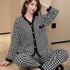 Pijama de Estilo Chino para Mujer Primavera Verano Nuevo Algodón Hua Mian Cárdigan Kimono Manga Larga Pantalón Largo Dibujos Animados Holgado Conjunto de Ropa para el Hogar