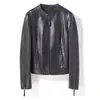 Chaqueta de piel de oveja corta para mujer Haining con cuello alto, cremallera, corte ajustado, chaqueta de cuero genuino, top versátil de otoño para mujer