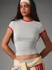Camiseta de manga corta con cuello redondo y bloques de color, superventas transfronteriza europea y americana para mujer, corte ajustado, corta, estilo básico y diseñada para mostrar el abdomen