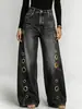 Jeans de pierna ancha rectos holgados de cintura alta para mujer, estilo europeo y americano, con ojales metálicos laterales y diseño calado