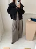 Casaco de lã tricô vintage solto de manga comprida com abotoamento duplo para mulheres, casaco de lã com zíper espesso para outono e inverno