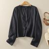 Foto Real de Chaqueta Camisa Retro para Mujer en Verano, Diseño Artístico de Cárdigan Top de Manga Larga, Camisa Delgada Holgada con Protección Solar