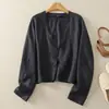 En stock Camisa Vintage Abrigo para Mujer Verano Artístico Manga Larga Cárdigan Top Diseño Camisa Fina Suelta Protección Solar