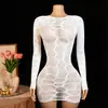 Lencería Sexy Transfronteriza Europea y Americana Amazon Más Vendido Tejido de Malla Jacquard Transparente Hueco Manga Larga Ajustado Vestido para Mujer