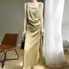 Vestido Camisola de Verão Feminino de Alta Qualidade Estilo Francês Acinturado, Vestido de Seda Quadrado de Cetim Acetato de Luxo Leve para Mulheres