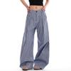 Calça Casual Plissada Xadrez Azul para Mulheres Primavera e Outono 2025 Estilo Americano Relaxada Tendência Solta Perna Larga Longa