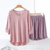 Algodón Transpirable Holgado Casual Ropa de Casa Verano Delgado Talla Grande Mangas de Murciélago Holgadas para Mujer Cuello en V Shorts Conjunto de Dos Piezas