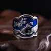 Nuevo Anillo Artesanal Yuhong Flor de Peonía Azul Quemado Estilo Étnico Fénix Retro Viejo Personalizado Anillo para Dedo Índice Literario