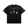 Camiseta Esportiva de Secagem Rápida de Verão com Bordado de Patch de Cetim, Malha Estilo Americano, Camiseta da Liga de Futebol, Manga Curta de Corrida de Motocicleta