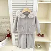 Conjunto de punto para niñas Aekyung, otoño e invierno, estilo coreano, chaqueta suéter con cremallera y cuello de pelo grande, conjunto de dos piezas con pantalones de pierna ancha