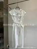 Vestido de Color Puro Nuevo Verano 2025 100% Lino Bolsillo Doble con Solapa Pantalones con Cordones Ropa de Trabajo Chaleco de Cuello Redondo Falda